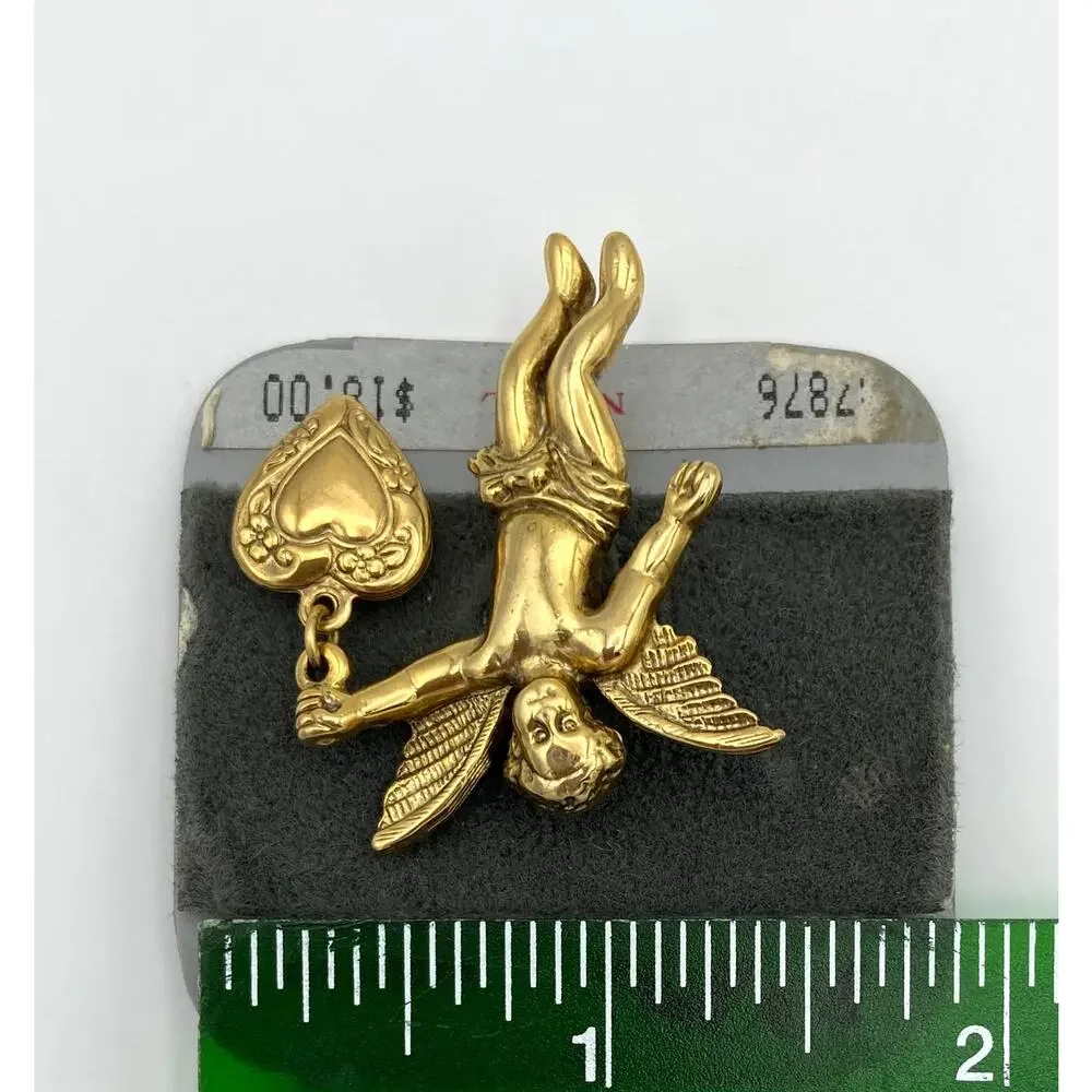 1928 Brand Angel Wings Cherub Brooch Pin Heart Dangle Victorian Style Gold Tone - Picture 11 of 11